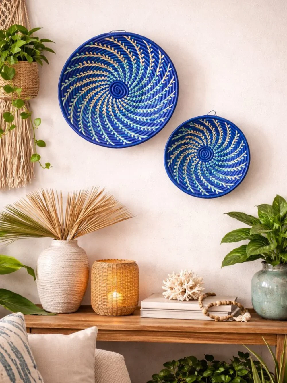 Blue White Woven Raffia Grass African Baskets Set of 2 - Small 8 in | Large 12in